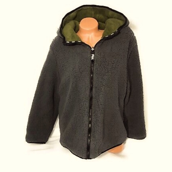 VS Pink Reversible Army Olive Green Sherpa Teddy Hooded Sweatshirt XS - Picture 3 of 7